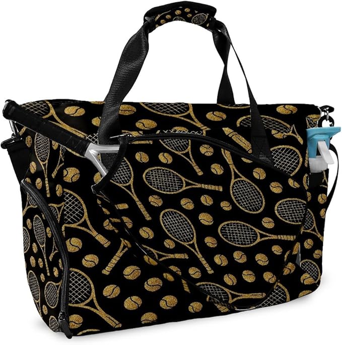 Luxury Racket Black Gym Bag for Women & Tennis Bag, Large Sports Duffel Bag Waterproof with Ventilated Shoe Compartment & Front Racket Sleeve, Lightweight Travel Weekender Overnight Bag