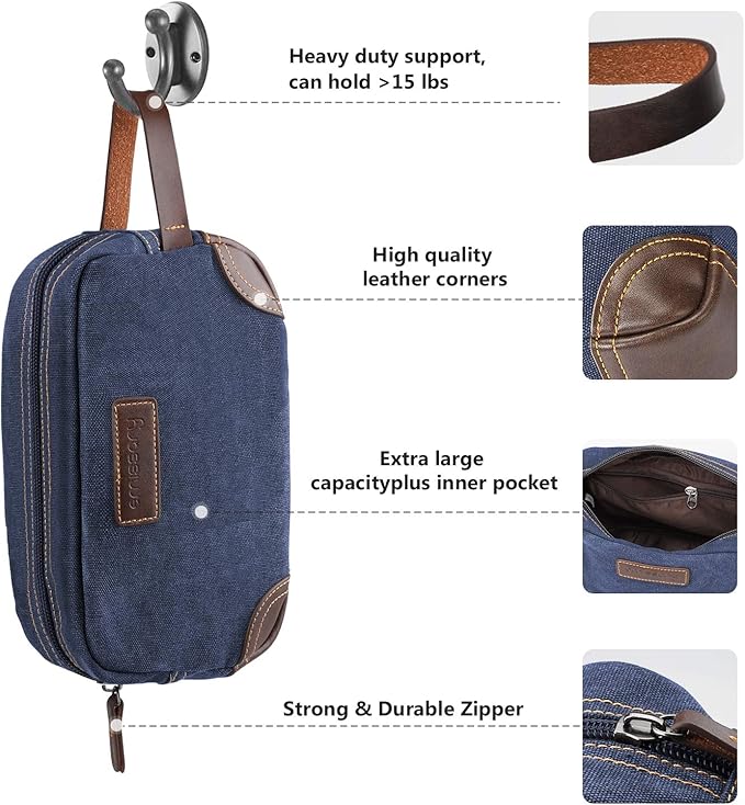 emissary Men's Toiletry Bag, Leather and Canvas Travel Toiletry Bag, Dopp Kit for Men, Travel Bathroom Bag Men's Shaving Kit, Travel Kit Small Bags for Men, Shaving Bag for Travel Accessories (Blue)