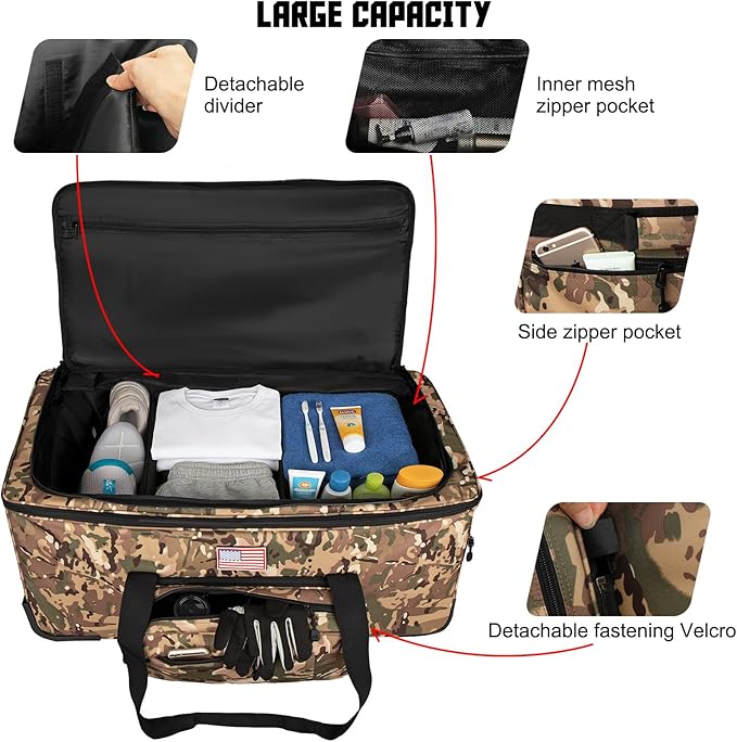 150L Large Rolling Duffle Bag with Wheels, Heavy Duty 32'' Tri-Wheel Gear Hauler for Camping,Moving Sports Equipment, Military & Airline Checked Bag Approved,Camo