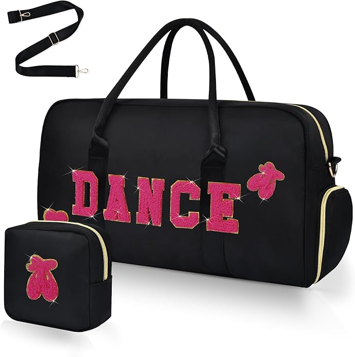 Dance Bag for Girls 2PCS Ballet Cheer Bag with Shoes Compartment Chenille Letter Embroidery for Dancer Travel Overnight bag