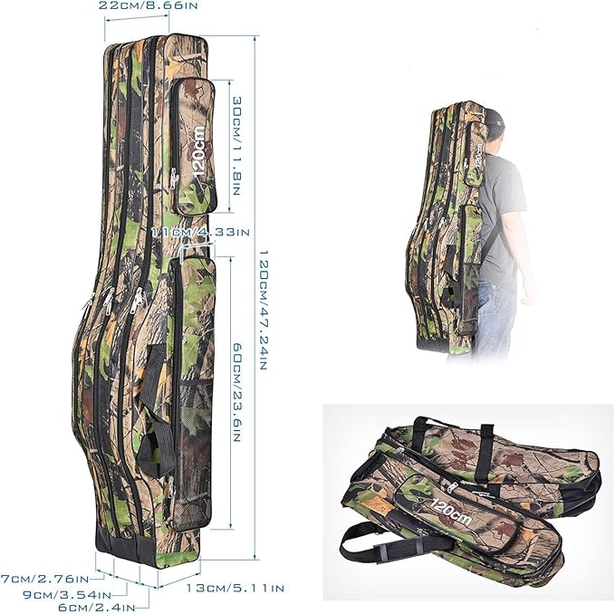 3 Layers Fishing Pole Bag,Portable 3 Layers Oxford Folding Rod Carry Case,Fishing Reel Tackle Storage Bag Case