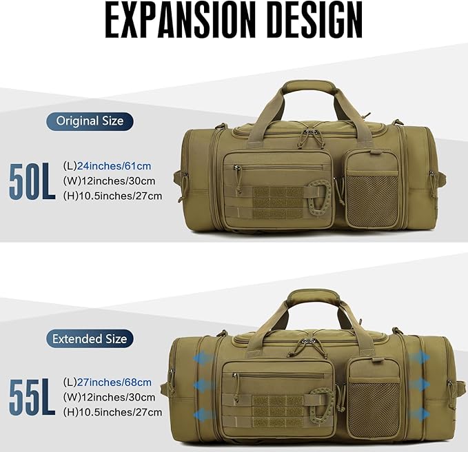 3 in 1 Tactical Gym Bag Backpack for Men 50-55L Expandable Travel Duffle Bag for Women Military Sport Duffel Bags Weekend Overnight with Shoe Compartment & Wet Pocket for Fitness, Brown