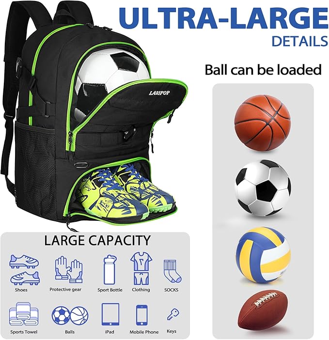 LARIPOP Soccer Backpack,Soccer Bag with Ball Holder and Shoe Compartment,Sports Equipment Training Bags Fits Basketball