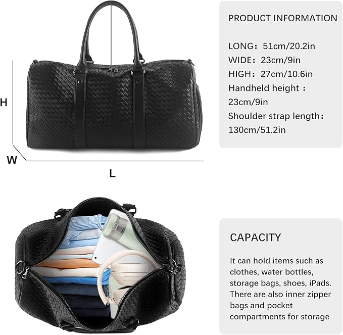 Weekender Bags for Women Woven Leather Travel Duffel Bag with Shoe Compartment, Carry On Garment Bag for Men Women, Large Capacity Water-resistant Gym Tote (Black)