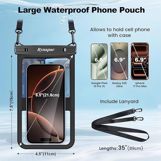 [Up to 8.5"] Waterproof Phone Pouch Bag - 2 Pack IPX8 Waterproof Phone Case for iPhone 17 16 15 14 Pro Max Galaxy S25 S24 Ultra, Touchscreen & Underwater Photography, Beach Cruise Travel Essentials