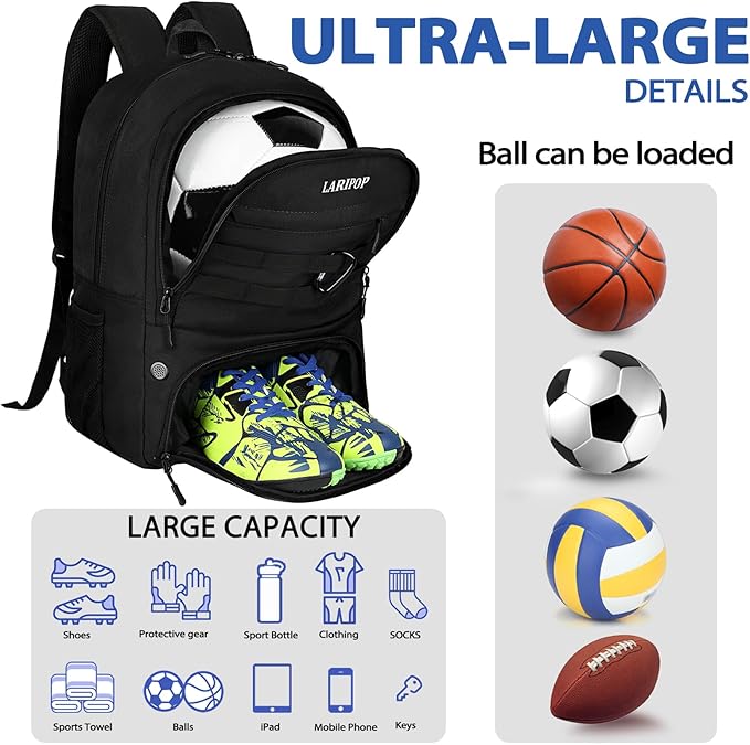 LARIPOP Soccer Backpack,Soccer Bag with Ball Holder and Shoe Compartment,Sports Equipment Training Bags Fits Basketball