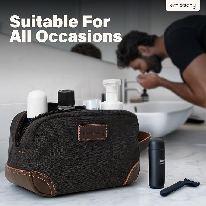 emissary Men's Toiletry Bag, Leather and Canvas Travel Toiletry Bag, Dopp Kit for Men, Travel Bathroom Bag Men's Shaving Kit, Travel Kit Small Bags for Men, Shaving Bag for Travel Accessories (Black)