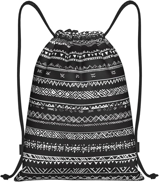 Black Boho Pattern Drawstring Backpack Bag - Sports Gym Sack For Women Men