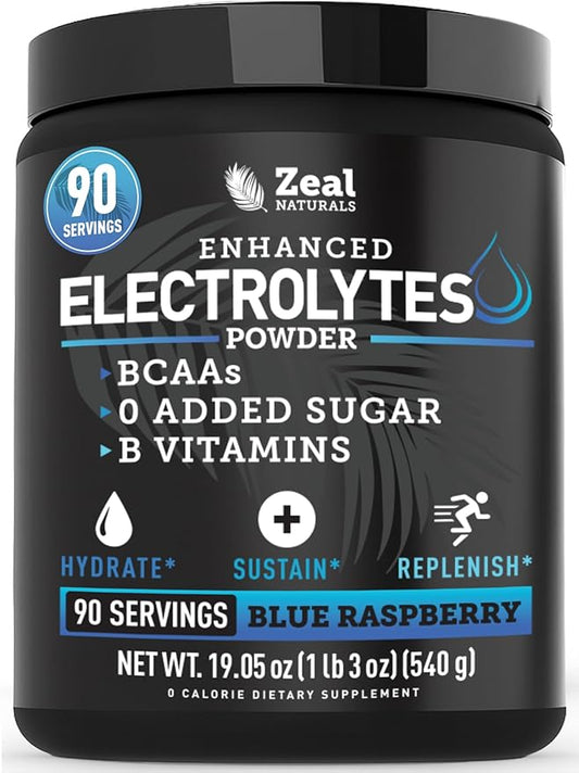 Zeal Electrolyte Powder - 90 Servings | Keto Electrolytes Powder | Zero Sugar, BCAAs, B-Vitamins | Potassium, Zinc, Magnesium | Hydration Powder Recovery Drink | Blue Raspberry