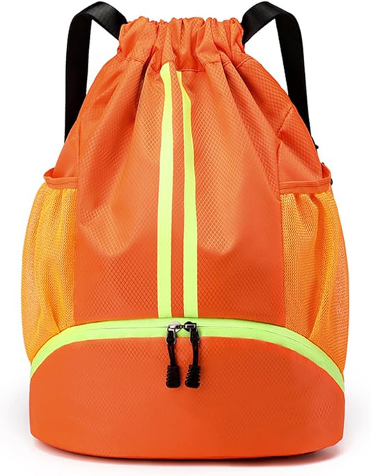 Drawstring Backpack Gym Bag with Shoes Compartment for Soccer, Basketball, Swim, Water-Resistant String Backpack Beach Cinch for Women Men, Orange