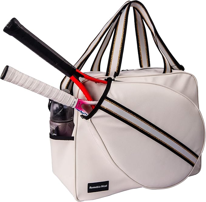 White PU Leather Women Large Sports Handbag Tennis Racket Shoulder Bag Tennis Tote Bag for 2 Rackets, with Water Bottle Holder