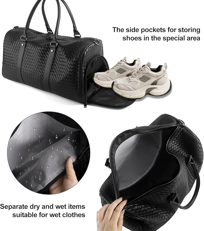Weekender Bags for Women Woven Leather Travel Duffel Bag with Shoe Compartment, Carry On Garment Bag for Men Women, Large Capacity Water-resistant Gym Tote (Black)