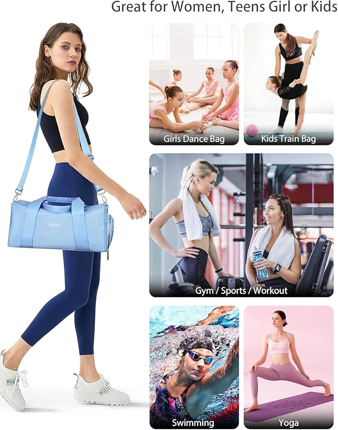 Sports Small Gym Bag for Women, Cute Mini Duffle Bag with Wet Pocket & Shoes Compartment, Personal Item Travel Workout Bag, 16"- Small, Sky Blue