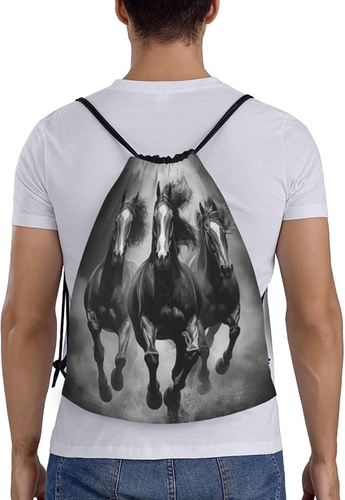 Black And White Horses Pattern Drawstring Backpack Bag - Sports Gym Sack For Women Men