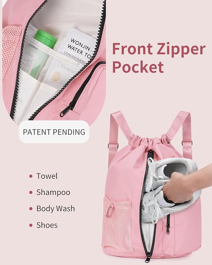 WANDF Drawstring Backpack Sports Gym Bag with Shoes Compartment, Water-Resistant String Beach Sackpack Swim Bag for Women and Men (Pink) | Water-Resistant, Swim Bag