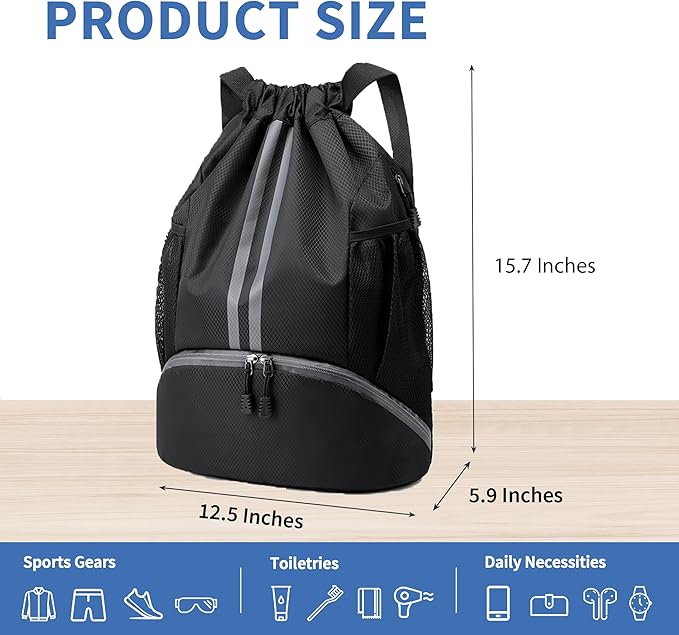 Drawstring Backpack Gym Bag with Shoes Compartment for Soccer, Basketball, Swim, Water-Resistant String Backpack Beach Cinch for Women Men, Black, Medium