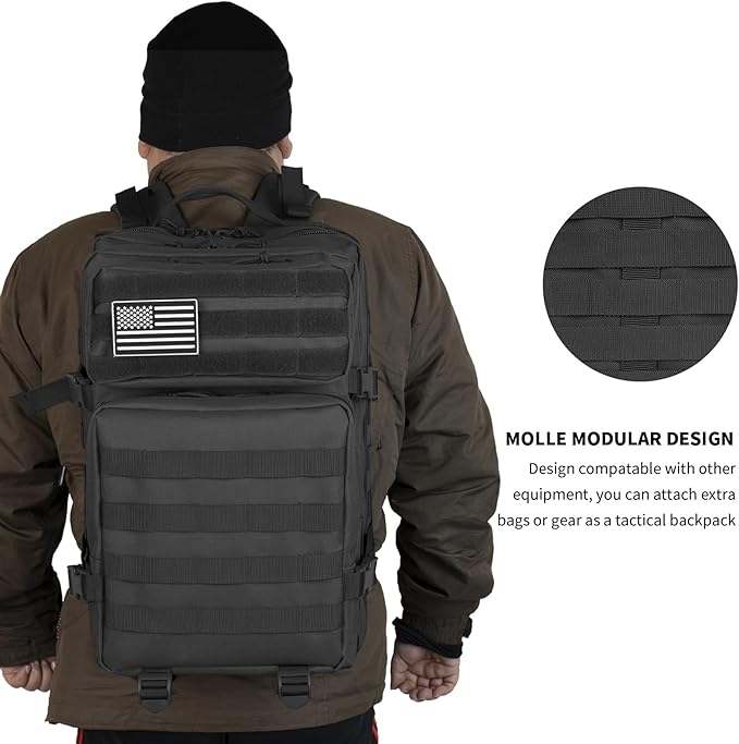45L Tactical Backpack For Men Highland Assault Large Army Pack 3 Day Molle Bug Out Bag With Water Cup Bag Outdoor Camping Hiking Daypack Military Rucksack Black