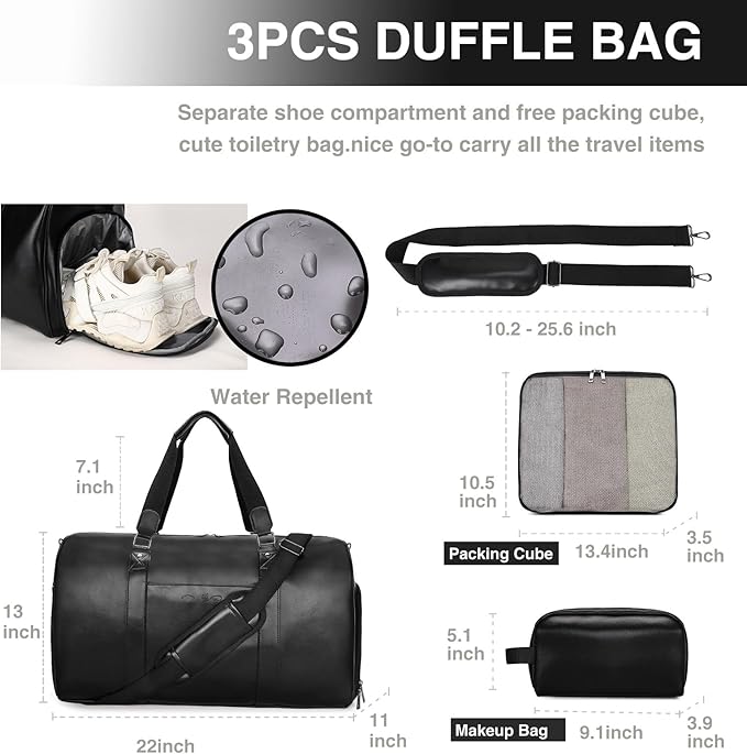 3-in-1 Leather Duffle Bag with Toiletry and Shoe Compartment, Weekender Overnight Gym Bag for Men and Women, Carry On Fits Most 15.6 Inch Laptops(Black)