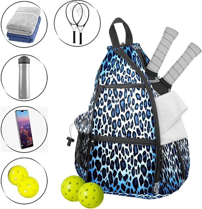Brown Leopard Print Premium Nylon Pickleball Backpack, 3-in-1 Convertible Shoulder Crossbody Sling Bag for Women Men, Lightweight Bag Fits 2-4 Pickleball Paddles & Tennis Sports Gear