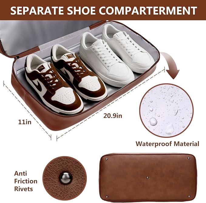 Weekender Bag for Women Men, Large Overnight Bag Faux Leather Travel Duffel Bag with Shoe Compartment Toiletry Packing Cube Carry On Bag Fit 21" Laptop 3Pcs Set (4PCS Brown)