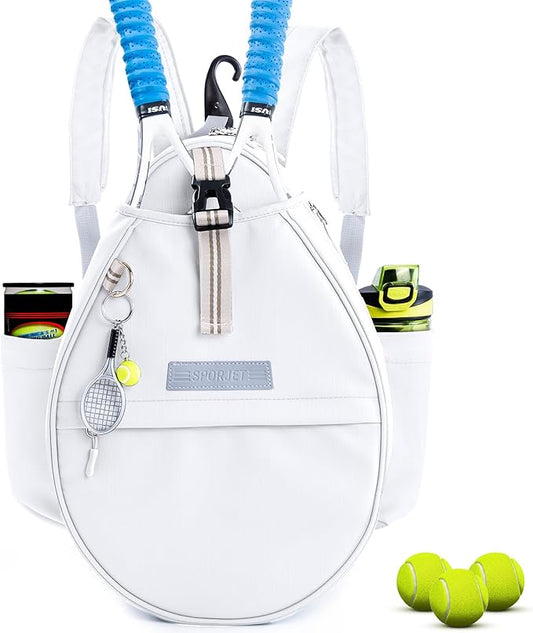 Tennis Backpack with 2 Rackets Holder, Water-Resistant PU Leather Tennis Racket Bag for Women & Men, Sling Crossbody Sports Backpack for Tennis, Pickleball & Badminton, Tennis Gifts