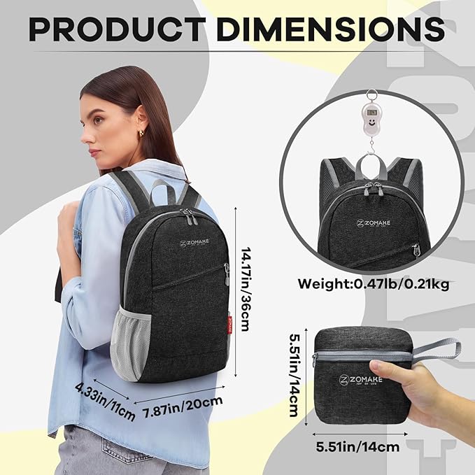 ZOMAKE Ultra Lightweight Packable Backpack 10L,Small Foldable Backpacks Hiking Water Resistant Collapsible Daypack for Women Men(Black-B1)
