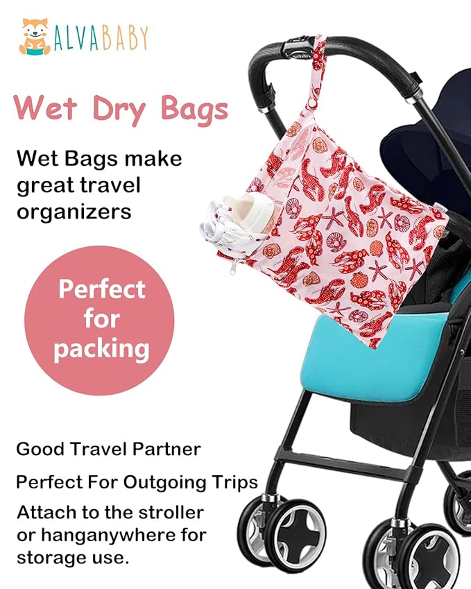 ALVABABY 2pcs Cloth Diaper Wet Dry Bags Waterproof Reusable with Two Zippered Pockets Travel Beach Pool Daycare Soiled Baby Items Yoga Gym Bag for Swimsuits or Wet Clothes 2LM23