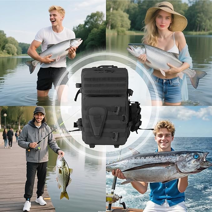 Large 45L Tactical Fishing Tackle Backpack with Removable Plier Holder & Rod Holders Storage Fishing Gear and Equipment Tackle Bag Hiking Backpack Black without Tackle Boxes
