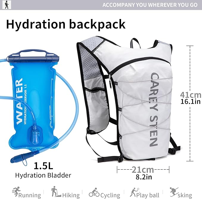 Carey STEN Lightweight Hydration Backpack, Outdoor Running Vest with 1.5L Water Bag, Suitable for Hiking, Cycling, and Both Men's and Women's Carnival wear