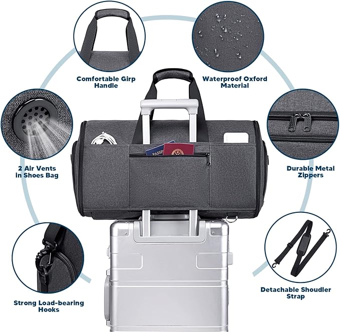 Garment Bags for Travel 58L Garment Bags Duffle Bag for Travel Convertible Carry On Garment Duffle Bag 4 in 1 Foldable Suit Bag with Shoes Compartment for Men Women Weekender，Dark Grey