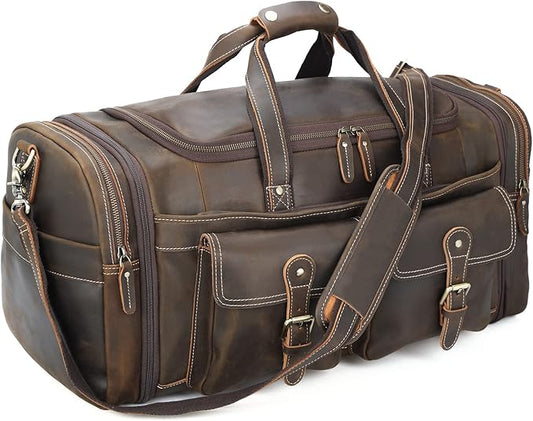 Polare 23" Expandable to 29'' Duffel Retro Thick Full Grain Cowhide Leather Gym Weekender Overnight Luggage Bag For Men