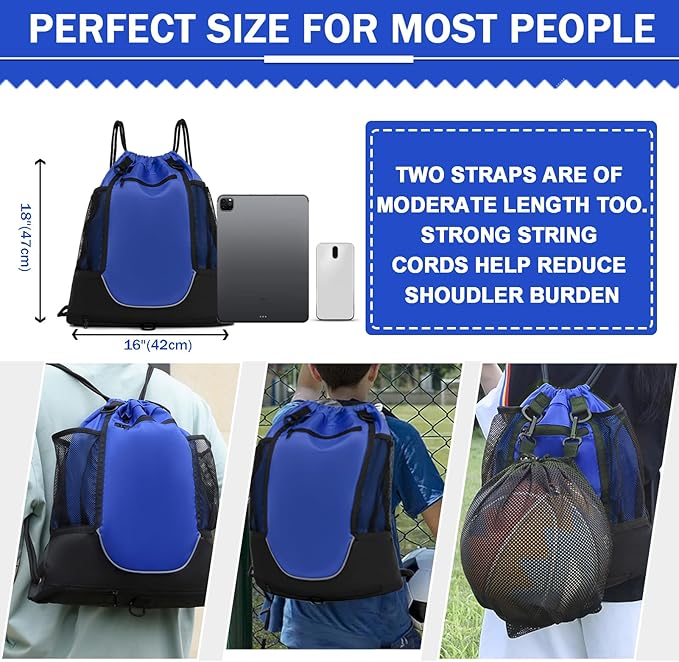 KAEGREEL Drawstring Soccer Bag Basketball Backpack for Kids Teens, Foldable Sports Bags Detachable Ball Mesh Bag for Gym Yoga Football Baseball