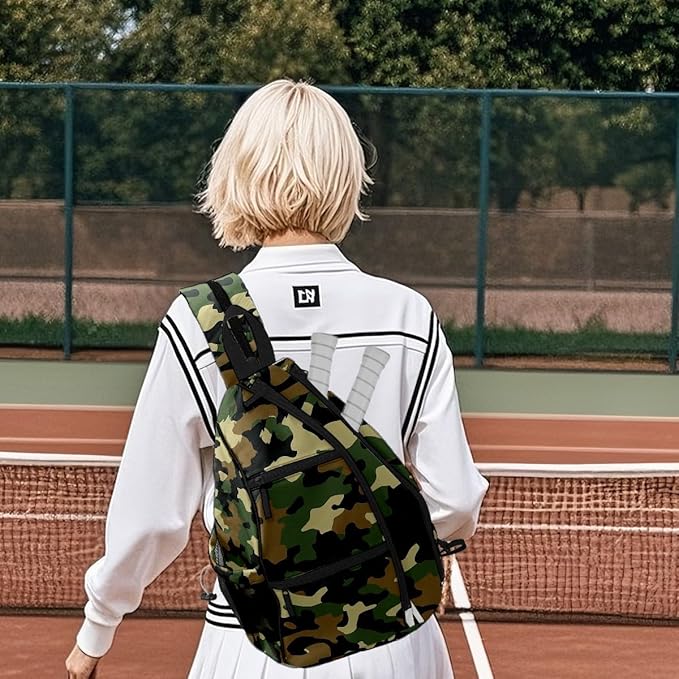 Pickleball Bag Camouflage Green Pickle Ball Backpack for Women Men Premium Lightweight Crossbody Sling Bag Sports Backpack for Pickleball Paddle Tennis