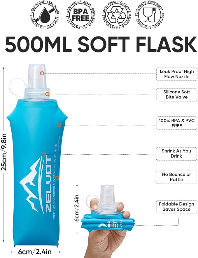 Zelvot Running Vest Soft Flask, BPA-Free 500ml Collapsible Water Bottle for Hydration Backpack, Folding Running Water Bottle for Marathon Hiking Cycling Climbing (Blue, 500 ML)