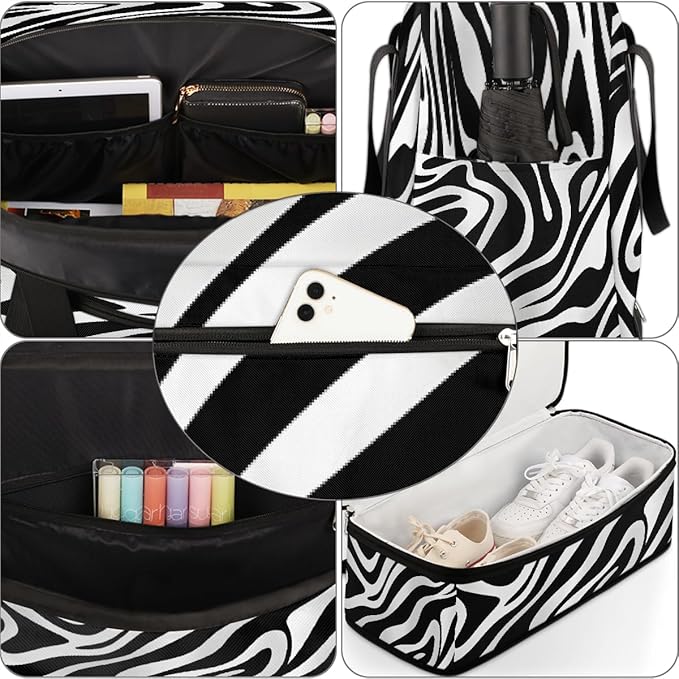 Black And White Zebra Stripes Travel Duffle Bags With Shoes Compartment for Women Men Weekender Overnight Bag Foldable Sports Tote Gym Carry On Luggage Handlebag for Travel Yoga Hospital Workout