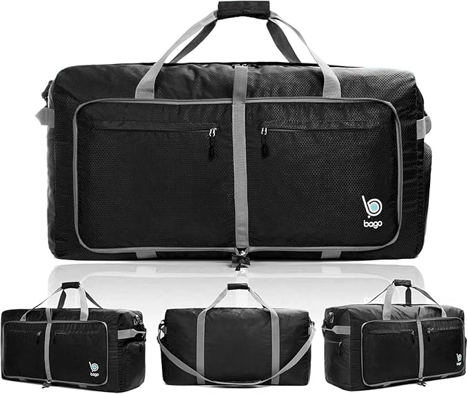 Bago Large Foldable Duffel Bags for Traveling Women & Men - 120L Packable Duffle Bag for Travel with Shoe Compartment - Water Repellant, Heavy Duty, Lightweight Folding & Collapsible (Black)