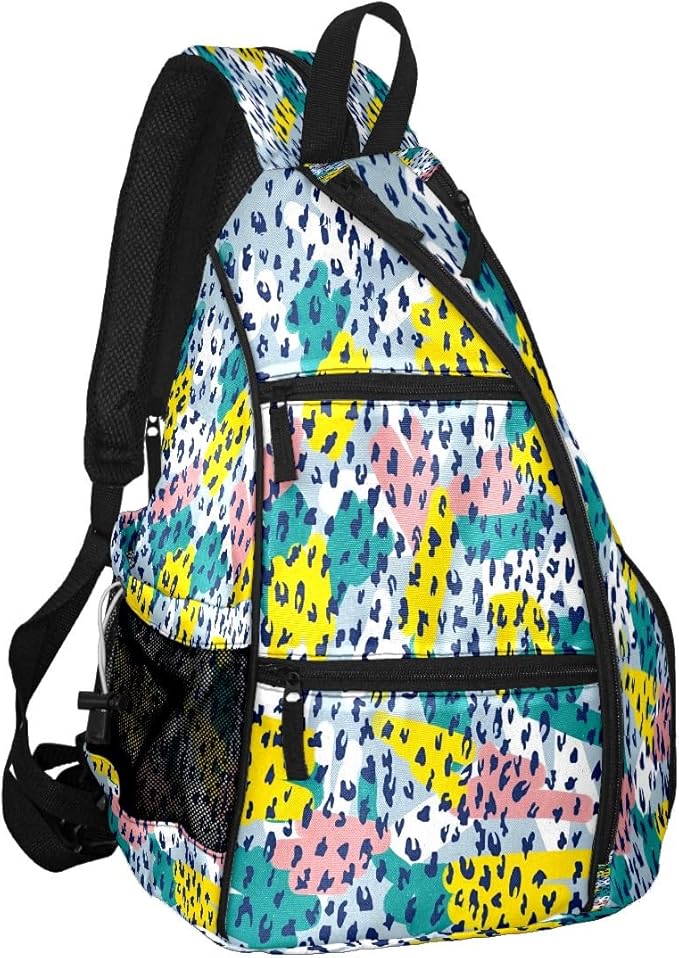 Brown Leopard Print Premium Nylon Pickleball Backpack, 3-in-1 Convertible Shoulder Crossbody Sling Bag for Women Men, Lightweight Bag Fits 2-4 Pickleball Paddles & Tennis Sports Gear