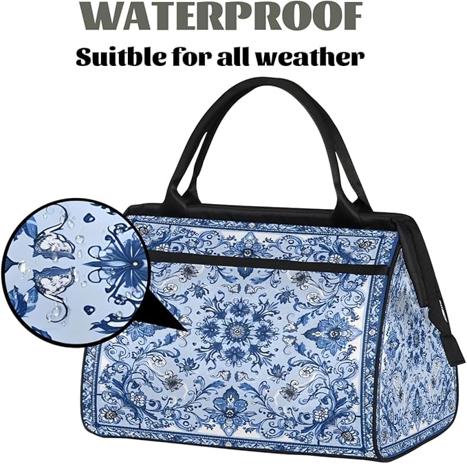 Travel Duffle Bag, Ethnic Mandala Blue Flower Overnight Weekender Tote Bag for Women Men Waterproof Carry On Luggage with Zipper Lightweight Sport Gym Bag for Traveling Yoga Camping Traveling Gifts
