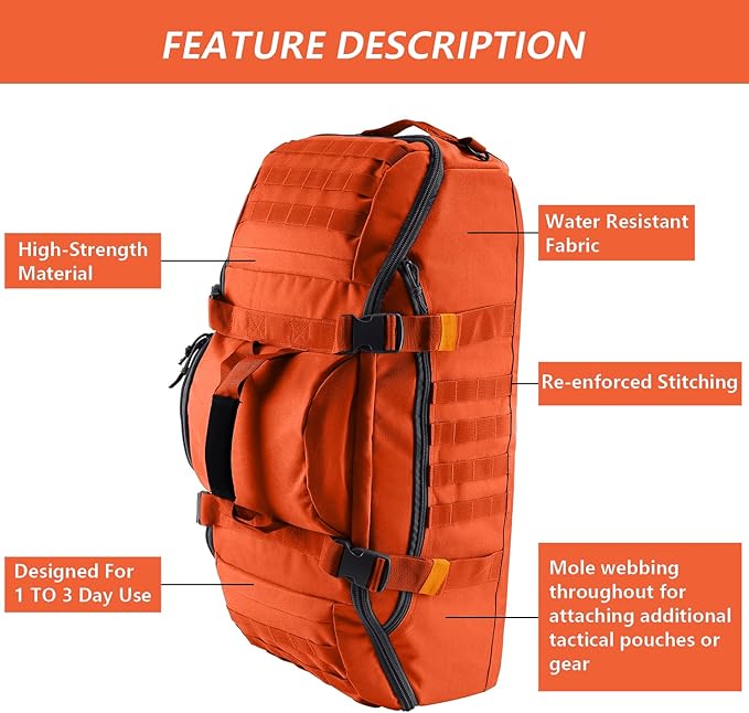 65L Large Duffle Bag, 3-in-1 Tactical Backpack MOLLE Pack for Sports, Gym, Outdoor, Orange