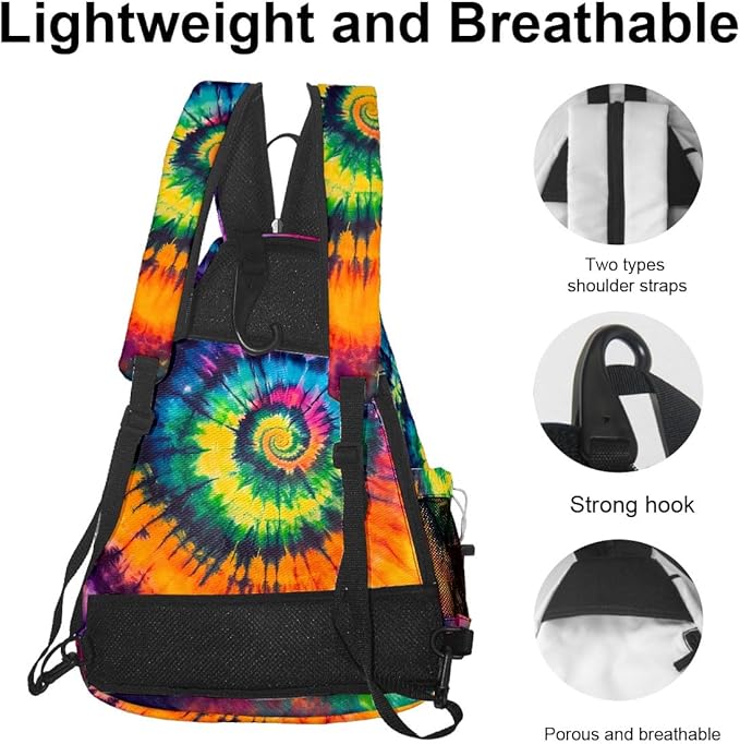 Pickleball Bag Colorful Tie Dye Pickle Ball Backpack for Men Women Premium Lightweight Reversible Crossbody Sling Bag Sports Backpack for Pickleball Paddle