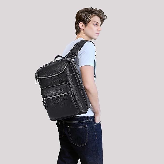 LANNSYNE Leather Backpack For Men, 15.6" Leather Laptop Backpack Hiking Travel Bag Camping Rucksack