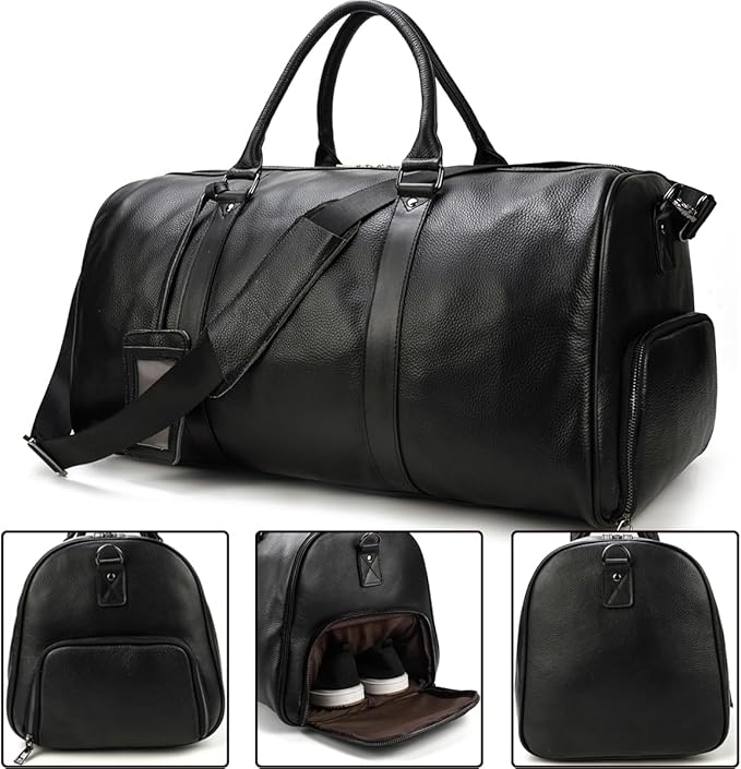Genuine Leather Travel Duffel Bags for Men and Women Leather Overnight Weekend Bags Sports Gym Duffle, 9423 Black