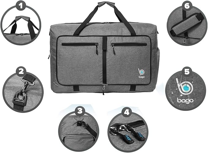 Bago Foldable Duffel Bags for Traveling Women & Men - 40L Sports Packable Duffle Bag for Travel with Shoe Compartment - Water Repellant, Heavy Duty, Lightweight Folding & Collapsible (SnowGray)