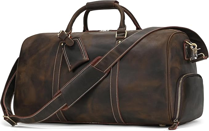 Leather Duffel Bags for Men and Women, 20 Inch Full Grain Leather Travel Overnight Weekend Bags, Dark Brown