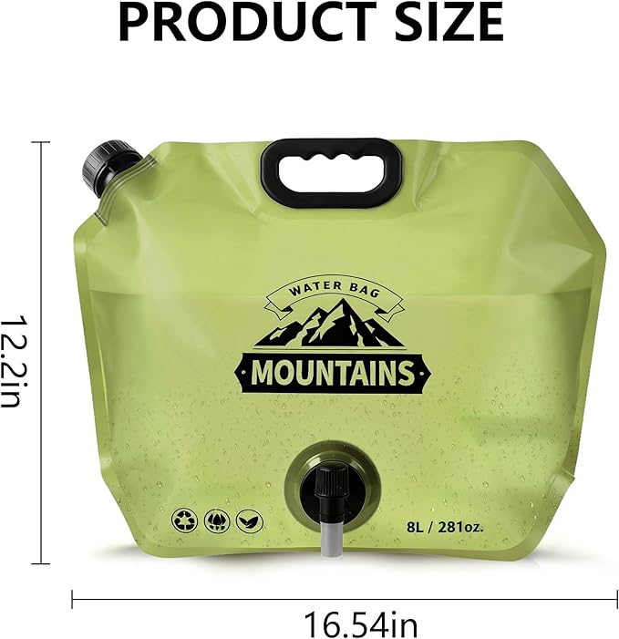 Collapsible 8L Water Storage Bag, BPA-Free Portable Folding Water Jug with Adjustable Faucet, Leakproof Emergency Water Bag for Camping, Hiking, Riding, Outdoor Sport (1, Green)