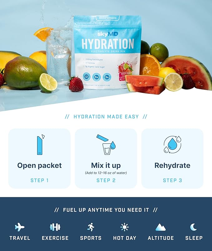 SkyMD Hydration packets with electrolytes powder- Add to water or any liquid- Hydration Multiplier Variety Pack: Lemon Lime, Passion Fruit, Strawberry, Watermelon- Great source of Vitamin C- 16 Sticks