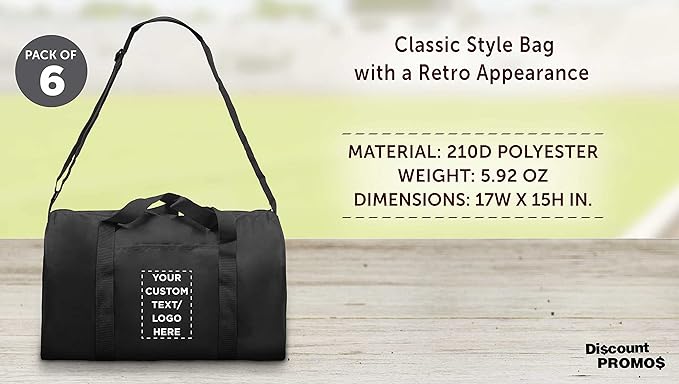6 Sporty Duffle Bags Set - Customizable Text, Logo - Polyester, Adjustable Strap, Front Pocket, Roll Styling - Black