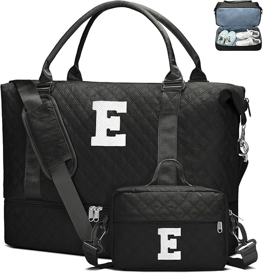 WOOMADA Initial Duffle Bag with Shoe Compartment,Personalized Weekender Bag, Overnight Bag for Women Girls, Gym Bag with Toiletry Bag