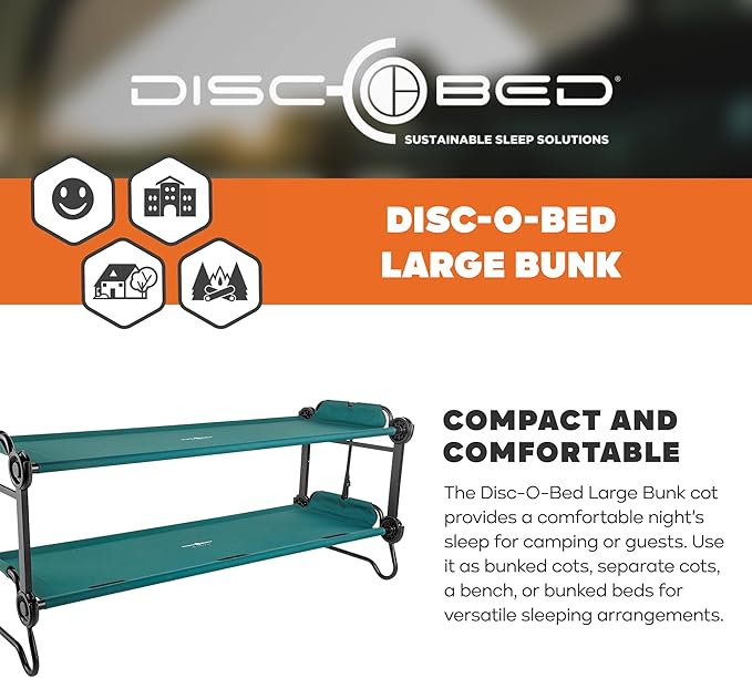 Disc-O-Bed Large Outdoor Convertible 2 Person Bench and Double Camping Cot Portable Bed Bunk System for Adults, Green