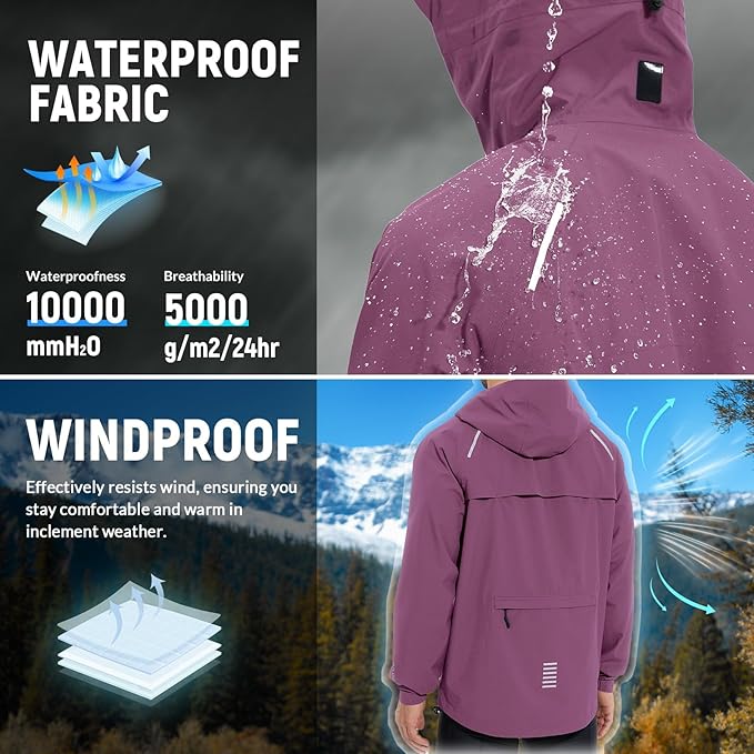 baleaf Men's Rain Jacket Waterproof Windbreaker Raincoat Running Cycling Hiking Gear Hood Lightweight Reflective Packable